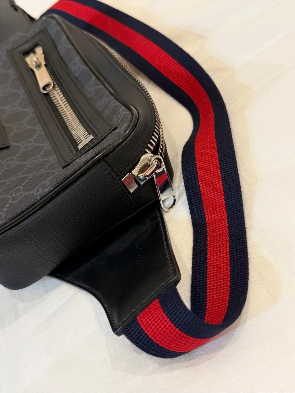 Gucci Black GG Supreme Belt Bag with Red and Navy Web Strap